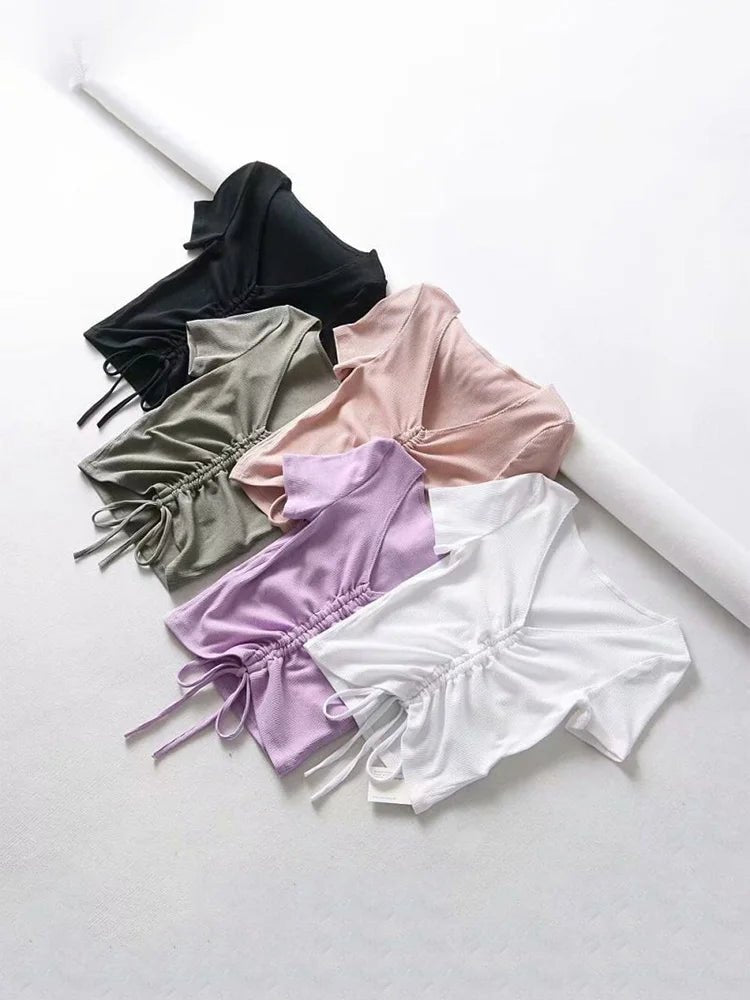 Sexy V Neck Cropped Tank Tops Women Drawstring Tie Up Front Camis Candy Colors Streetwear Slim Fit Ribbed Crop Top - MAGUSTA BEAUTY