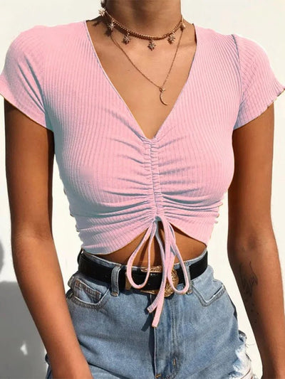 Sexy V Neck Cropped Tank Tops Women Drawstring Tie Up Front Camis Candy Colors Streetwear Slim Fit Ribbed Crop Top - MAGUSTA BEAUTY