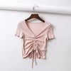 Sexy V Neck Cropped Tank Tops Women Drawstring Tie Up Front Camis Candy Colors Streetwear Slim Fit Ribbed Crop Top - MAGUSTA BEAUTY