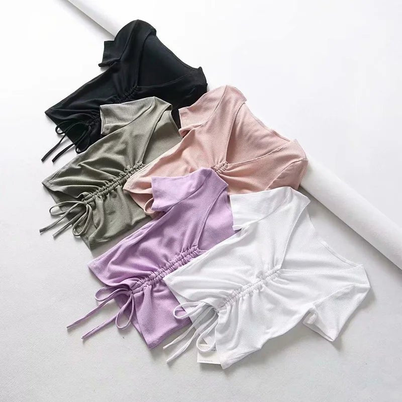 Sexy V Neck Cropped Tank Tops Women Drawstring Tie Up Front Camis Candy Colors Streetwear Slim Fit Ribbed Crop Top - MAGUSTA BEAUTY