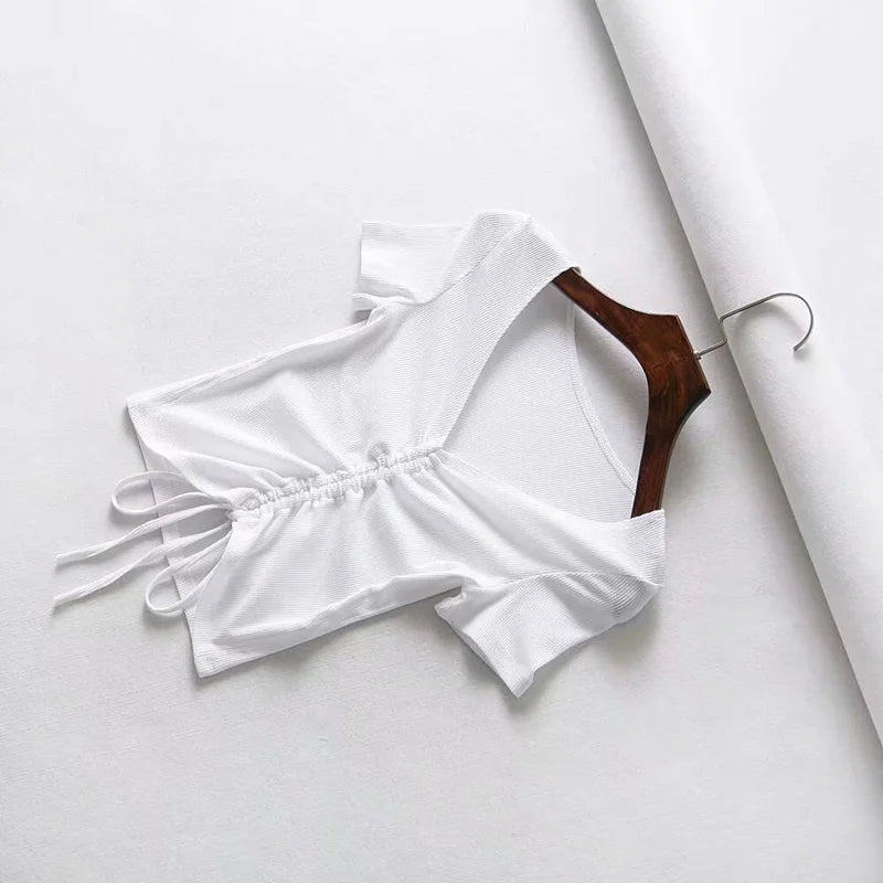 Sexy V Neck Cropped Tank Tops Women Drawstring Tie Up Front Camis Candy Colors Streetwear Slim Fit Ribbed Crop Top - MAGUSTA BEAUTY