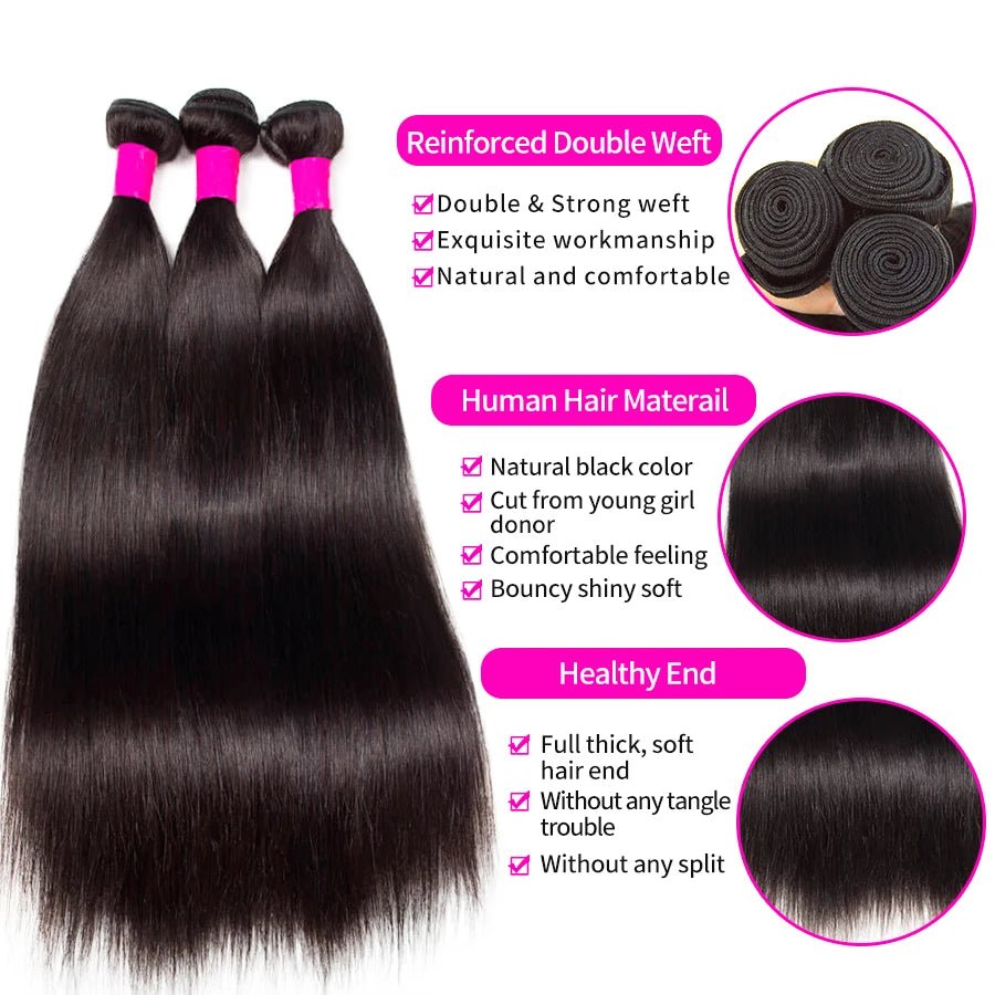 Silky Straight Bundles Human Hair Remy Brazilian Hair Extensions 1/3/4 PCS Natural Black Hair Weave Bundles 14 - 30 Inches - MAGUSTA BEAUTY