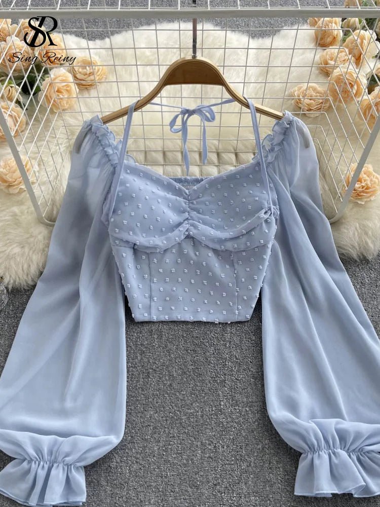 SINGREINY Polka Dot Folds Short Blouse Summer Slash Neck Long Sleeve Women Tie Halter Elastic Waist Fashion French Beach Top - MAGUSTA BEAUTY