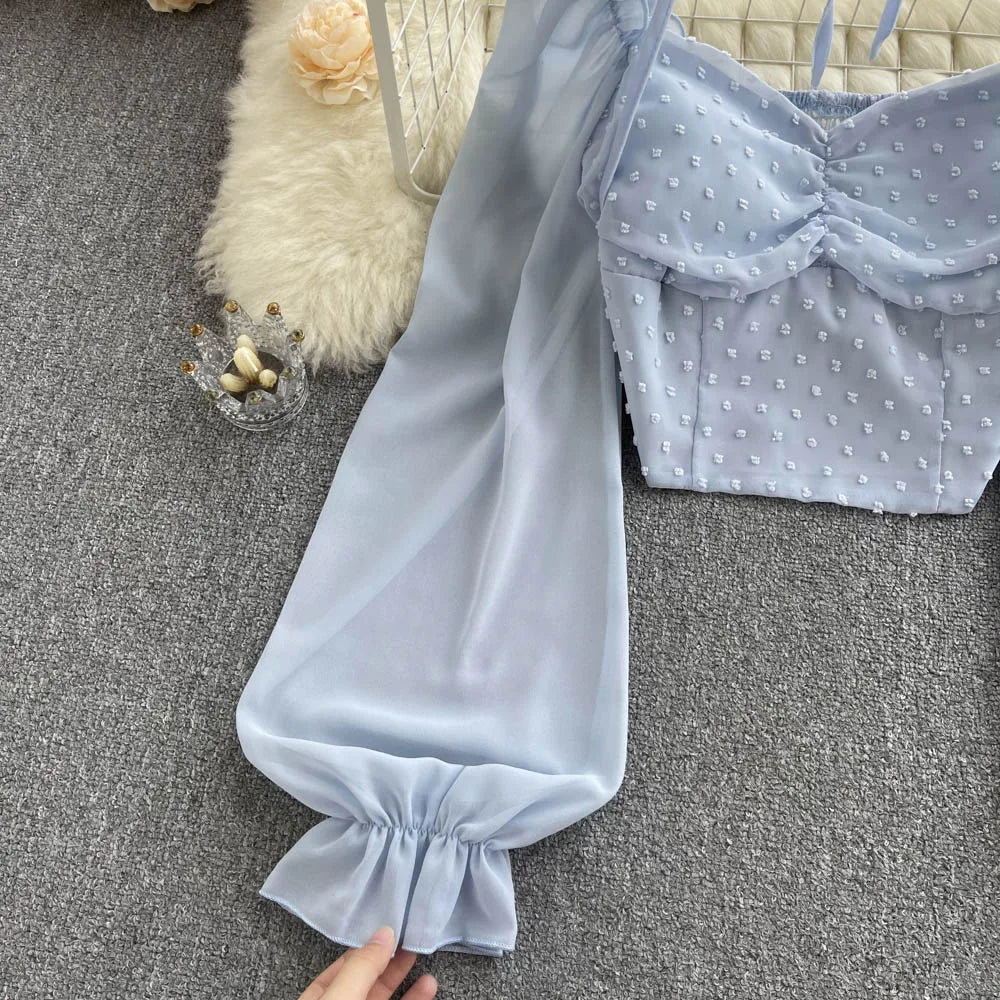 SINGREINY Polka Dot Folds Short Blouse Summer Slash Neck Long Sleeve Women Tie Halter Elastic Waist Fashion French Beach Top - MAGUSTA BEAUTY