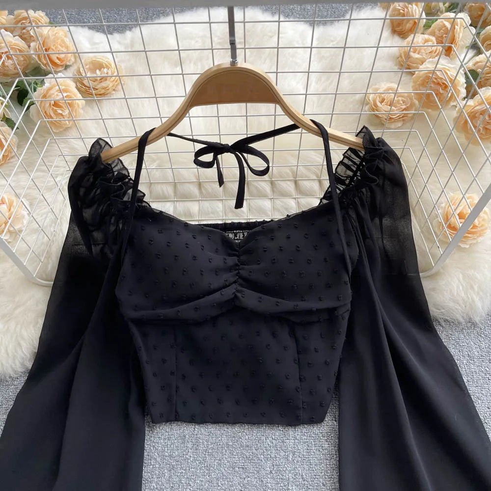 SINGREINY Polka Dot Folds Short Blouse Summer Slash Neck Long Sleeve Women Tie Halter Elastic Waist Fashion French Beach Top - MAGUSTA BEAUTY