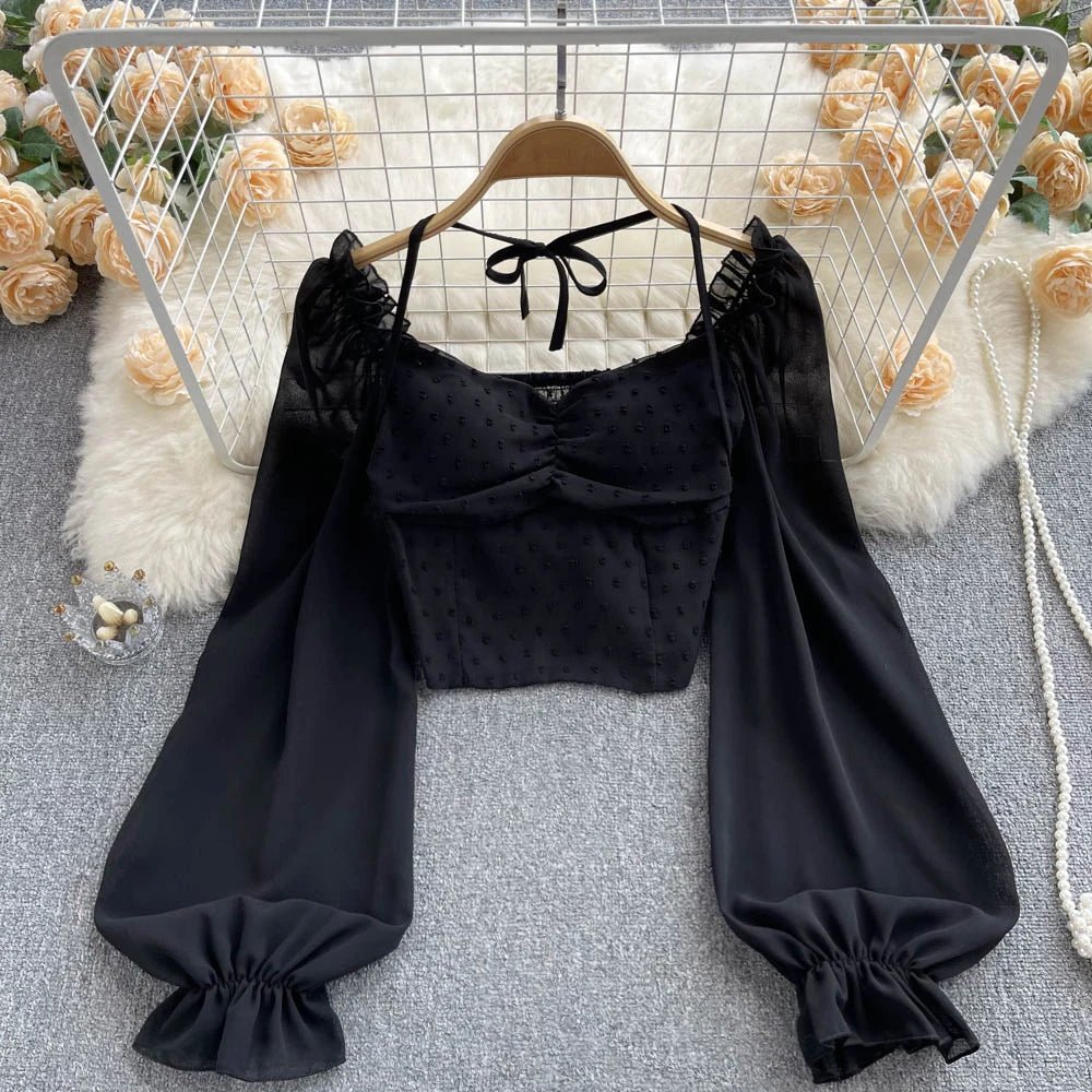 SINGREINY Polka Dot Folds Short Blouse Summer Slash Neck Long Sleeve Women Tie Halter Elastic Waist Fashion French Beach Top - MAGUSTA BEAUTY