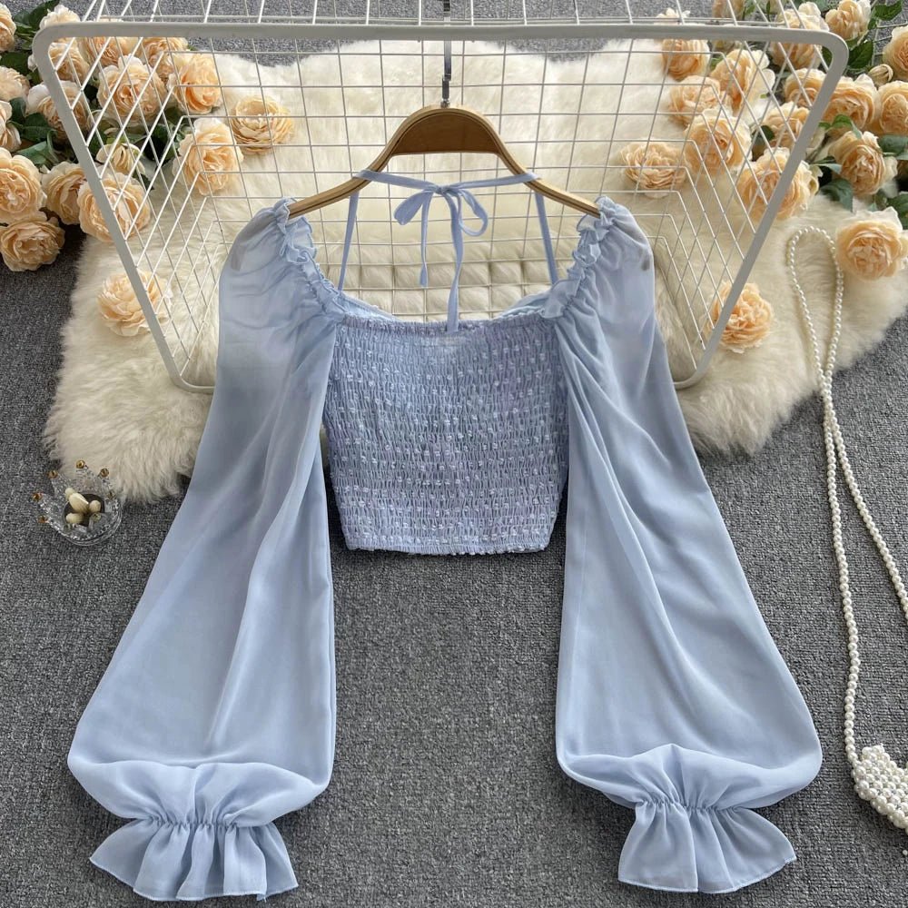SINGREINY Polka Dot Folds Short Blouse Summer Slash Neck Long Sleeve Women Tie Halter Elastic Waist Fashion French Beach Top - MAGUSTA BEAUTY