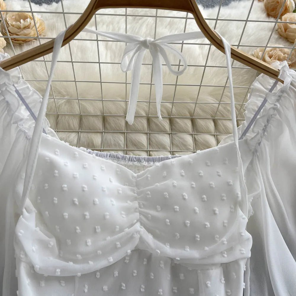 SINGREINY Polka Dot Folds Short Blouse Summer Slash Neck Long Sleeve Women Tie Halter Elastic Waist Fashion French Beach Top - MAGUSTA BEAUTY