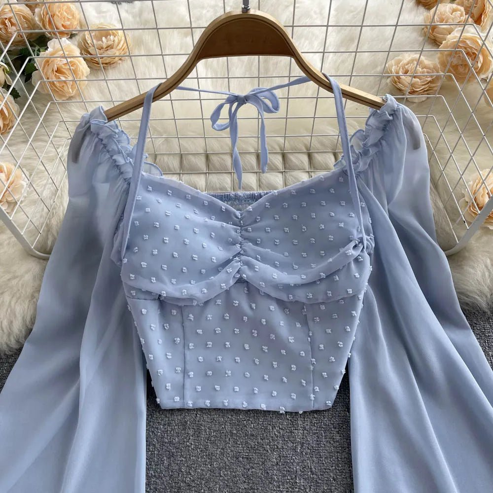 SINGREINY Polka Dot Folds Short Blouse Summer Slash Neck Long Sleeve Women Tie Halter Elastic Waist Fashion French Beach Top - MAGUSTA BEAUTY