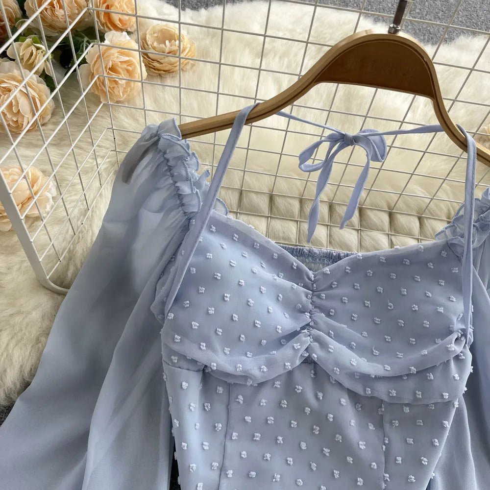 SINGREINY Polka Dot Folds Short Blouse Summer Slash Neck Long Sleeve Women Tie Halter Elastic Waist Fashion French Beach Top - MAGUSTA BEAUTY