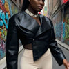Sisterlinda Faux Leather Single Button Crop Jacket Women Autumn Trend Cross Neck Full Sleeve Wild Style Classic Streetwear Coat - MAGUSTA BEAUTY