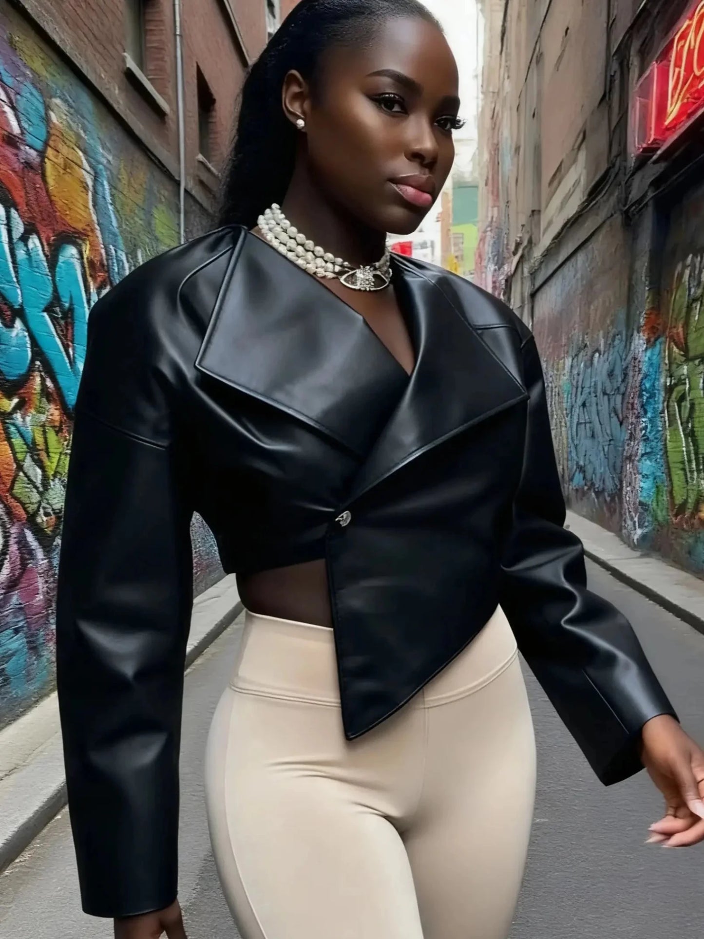 Sisterlinda Faux Leather Single Button Crop Jacket Women Autumn Trend Cross Neck Full Sleeve Wild Style Classic Streetwear Coat - MAGUSTA BEAUTY