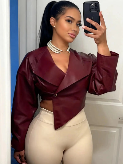 Sisterlinda Faux Leather Single Button Crop Jacket Women Autumn Trend Cross Neck Full Sleeve Wild Style Classic Streetwear Coat - MAGUSTA BEAUTY
