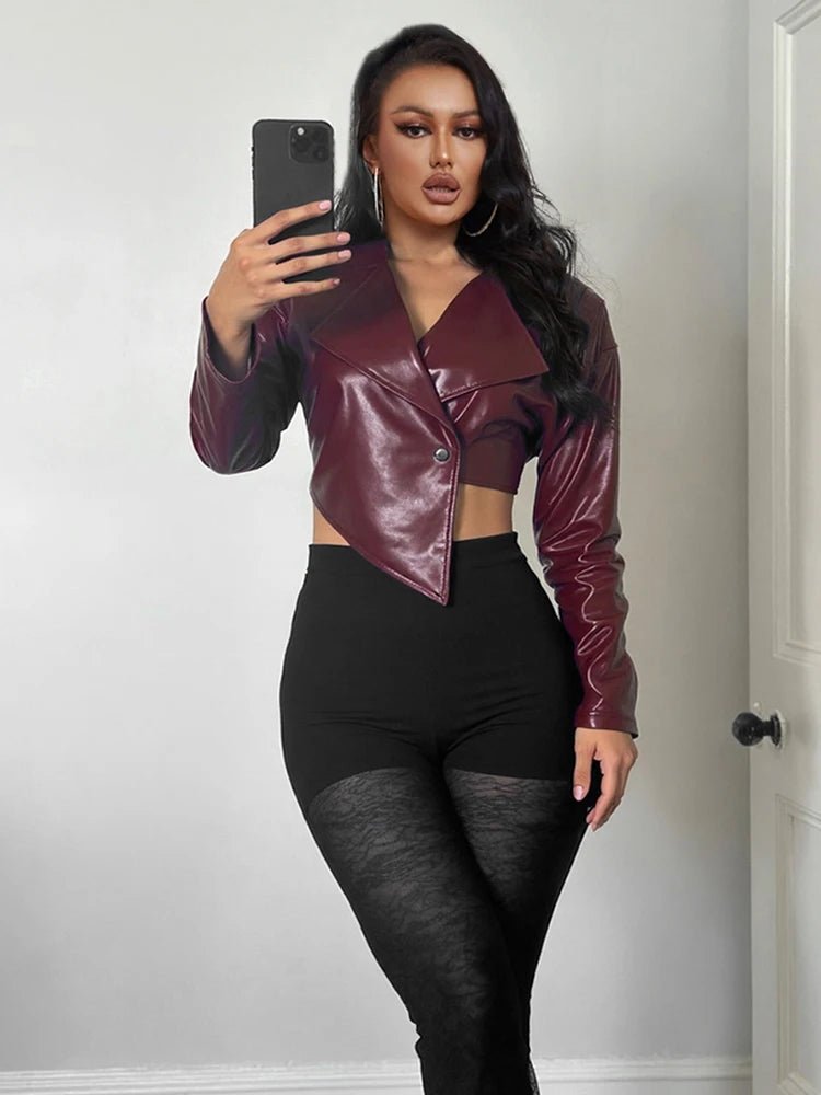 Sisterlinda Faux Leather Single Button Crop Jacket Women Autumn Trend Cross Neck Full Sleeve Wild Style Classic Streetwear Coat - MAGUSTA BEAUTY