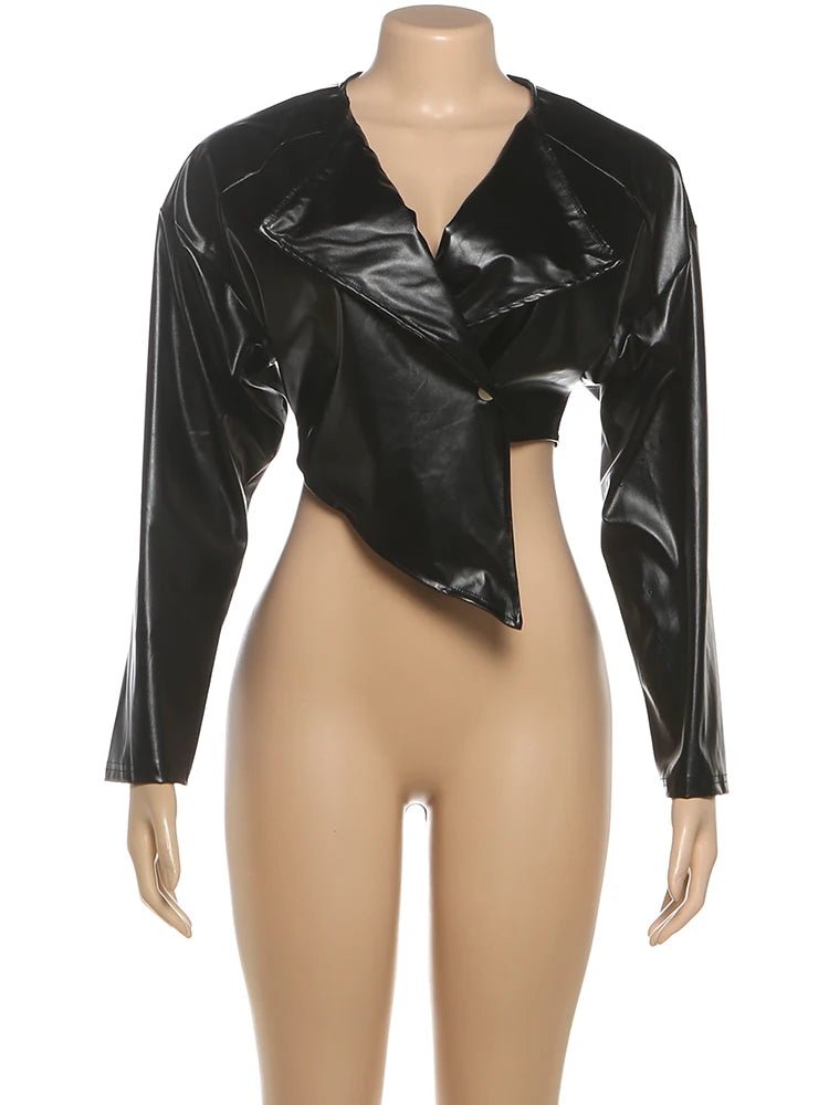 Sisterlinda Faux Leather Single Button Crop Jacket Women Autumn Trend Cross Neck Full Sleeve Wild Style Classic Streetwear Coat - MAGUSTA BEAUTY