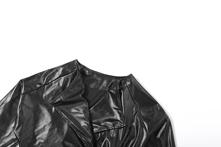 Sisterlinda Faux Leather Single Button Crop Jacket Women Autumn Trend Cross Neck Full Sleeve Wild Style Classic Streetwear Coat - MAGUSTA BEAUTY