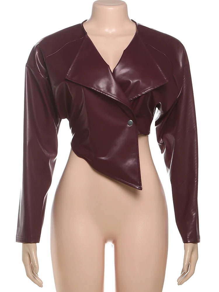 Sisterlinda Faux Leather Single Button Crop Jacket Women Autumn Trend Cross Neck Full Sleeve Wild Style Classic Streetwear Coat - MAGUSTA BEAUTY
