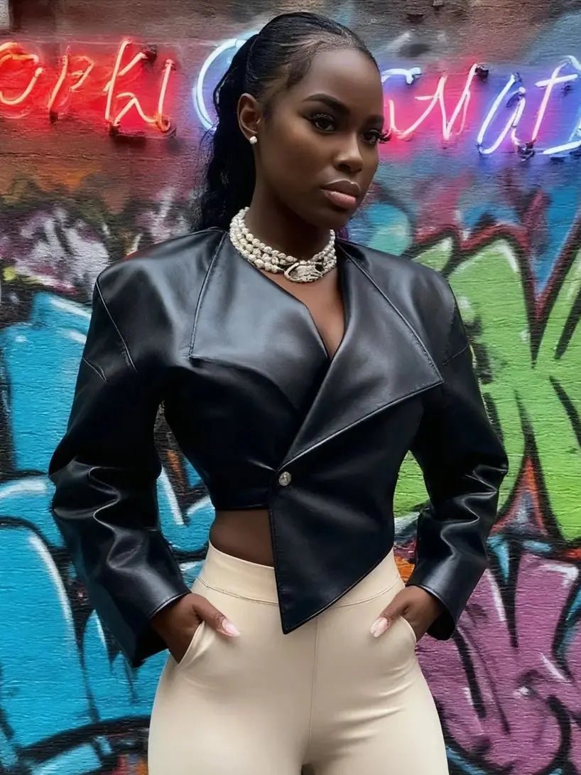 Sisterlinda Faux Leather Single Button Crop Jacket Women Autumn Trend Cross Neck Full Sleeve Wild Style Classic Streetwear Coat - MAGUSTA BEAUTY