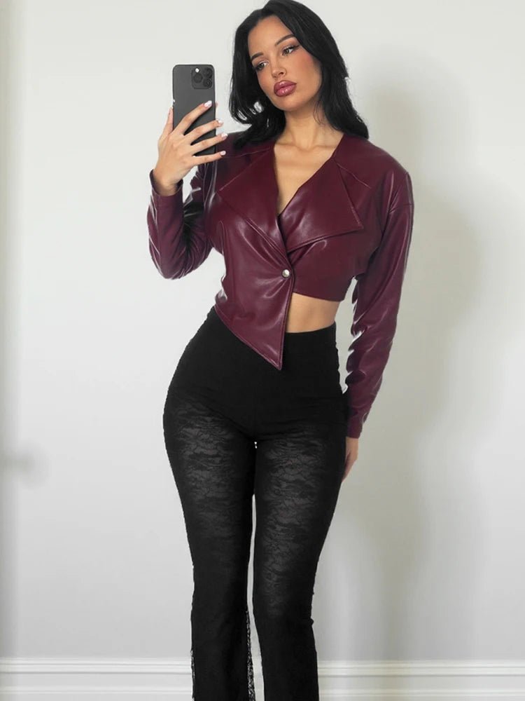 Sisterlinda Faux Leather Single Button Crop Jacket Women Autumn Trend Cross Neck Full Sleeve Wild Style Classic Streetwear Coat - MAGUSTA BEAUTY