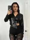 Sisterlinda Faux Leather Single Button Crop Jacket Women Autumn Trend Cross Neck Full Sleeve Wild Style Classic Streetwear Coat - MAGUSTA BEAUTY