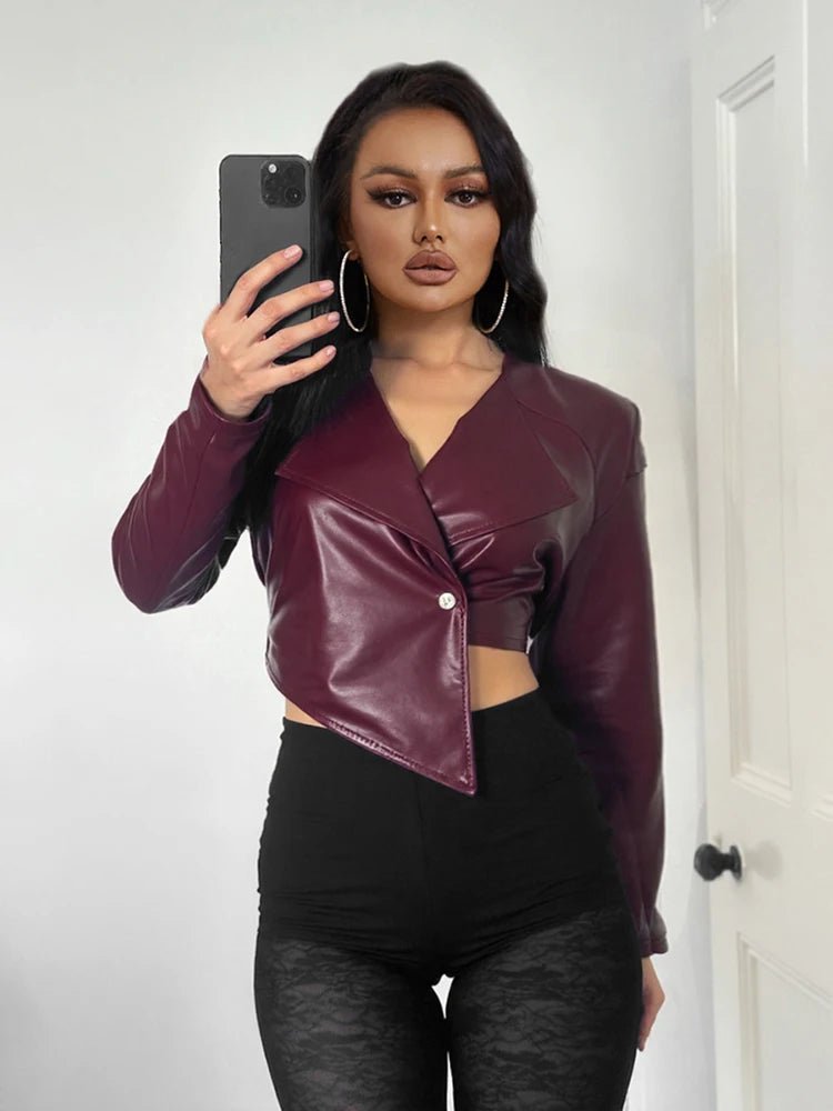 Sisterlinda Faux Leather Single Button Crop Jacket Women Autumn Trend Cross Neck Full Sleeve Wild Style Classic Streetwear Coat - MAGUSTA BEAUTY