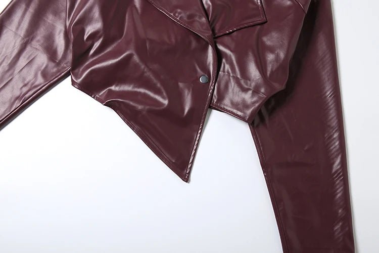 Sisterlinda Faux Leather Single Button Crop Jacket Women Autumn Trend Cross Neck Full Sleeve Wild Style Classic Streetwear Coat - MAGUSTA BEAUTY