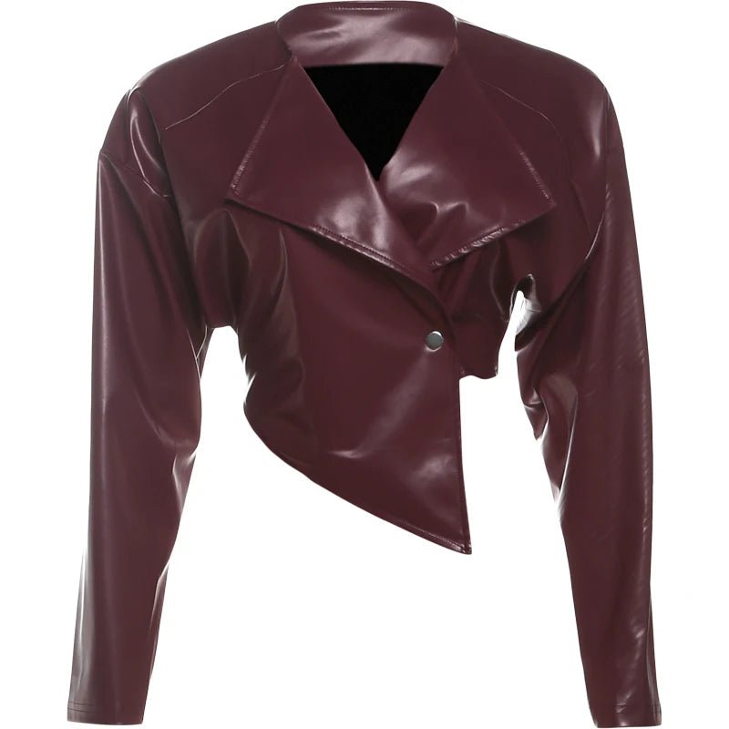 Sisterlinda Faux Leather Single Button Crop Jacket Women Autumn Trend Cross Neck Full Sleeve Wild Style Classic Streetwear Coat - MAGUSTA BEAUTY