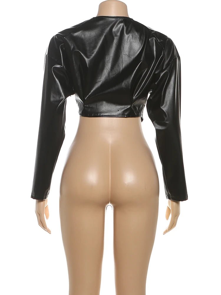 Sisterlinda Faux Leather Single Button Crop Jacket Women Autumn Trend Cross Neck Full Sleeve Wild Style Classic Streetwear Coat - MAGUSTA BEAUTY