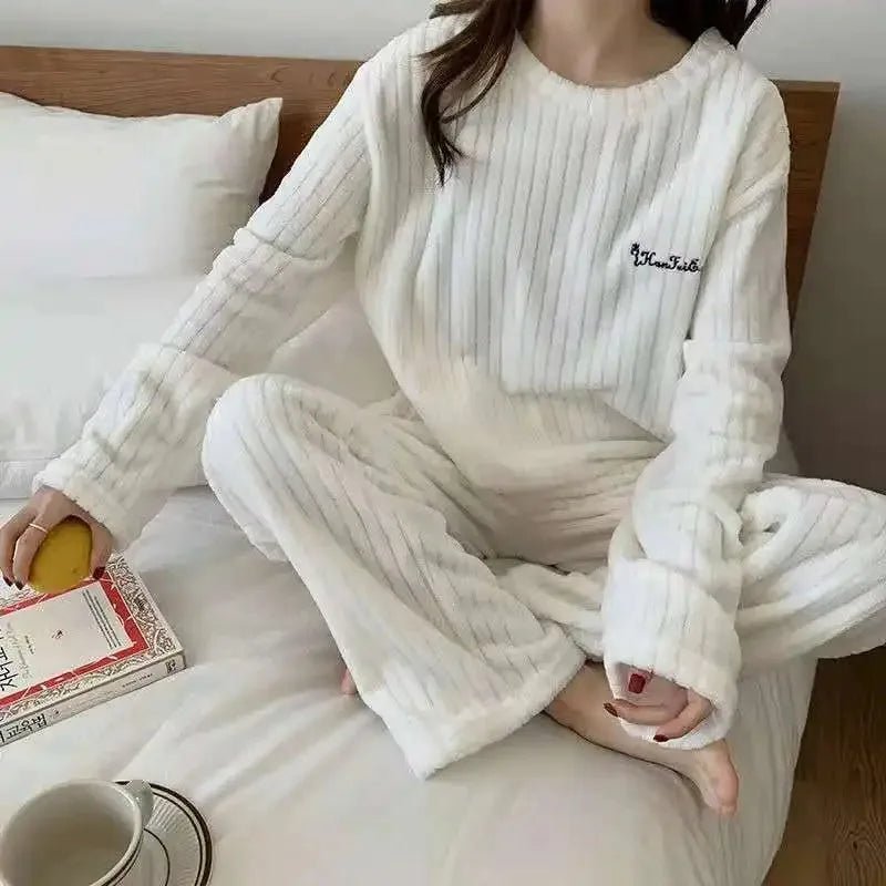 Soft Coral Velvet Jacquard Warm Pajama Set for Women Cozy Loungewear Outerwear for Winter Christmas Back to School Gift ﻿ - MAGUSTA BEAUTY