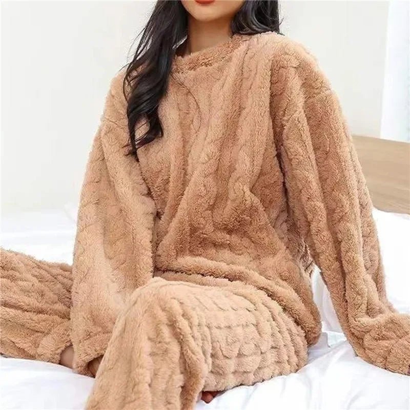 Soft Coral Velvet Jacquard Warm Pajama Set for Women Cozy Loungewear Outerwear for Winter Christmas Back to School Gift ﻿ - MAGUSTA BEAUTY