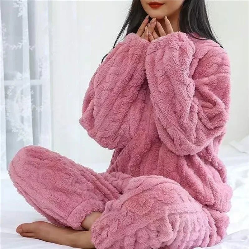 Soft Coral Velvet Jacquard Warm Pajama Set for Women Cozy Loungewear Outerwear for Winter Christmas Back to School Gift ﻿ - MAGUSTA BEAUTY