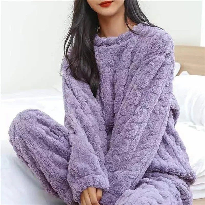 Soft Coral Velvet Jacquard Warm Pajama Set for Women Cozy Loungewear Outerwear for Winter Christmas Back to School Gift ﻿ - MAGUSTA BEAUTY