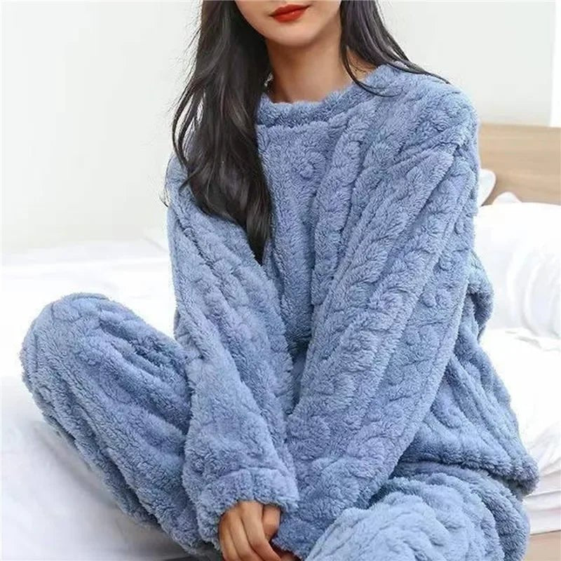 Soft Coral Velvet Jacquard Warm Pajama Set for Women Cozy Loungewear Outerwear for Winter Christmas Back to School Gift ﻿ - MAGUSTA BEAUTY