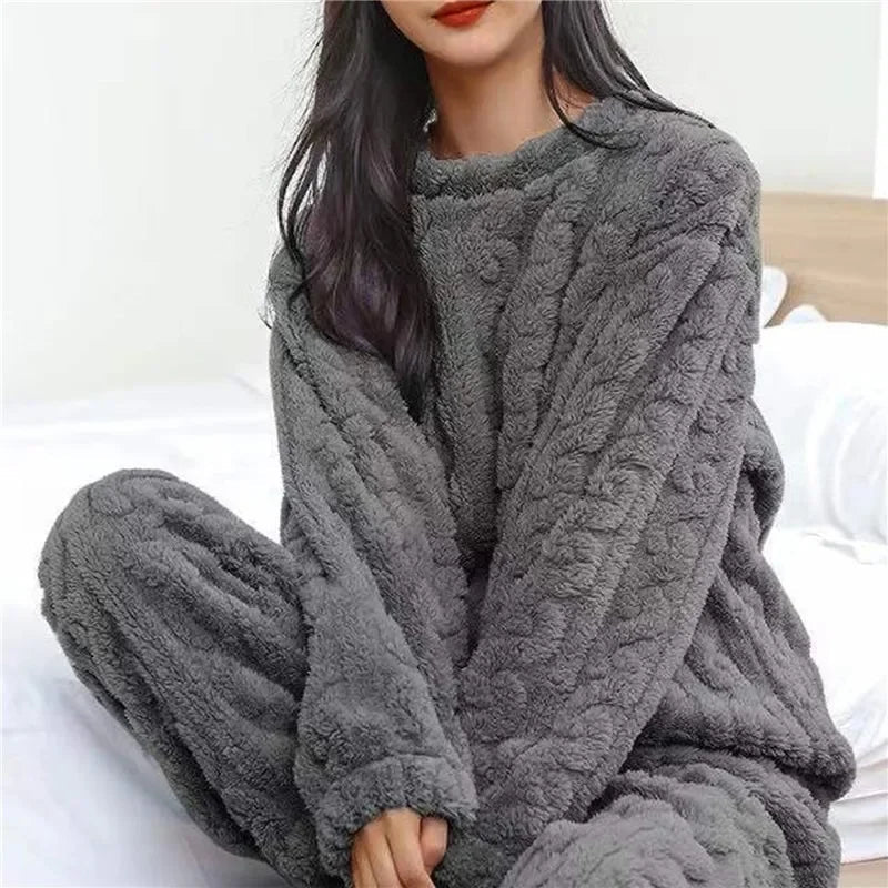 Soft Coral Velvet Jacquard Warm Pajama Set for Women Cozy Loungewear Outerwear for Winter Christmas Back to School Gift ﻿ - MAGUSTA BEAUTY