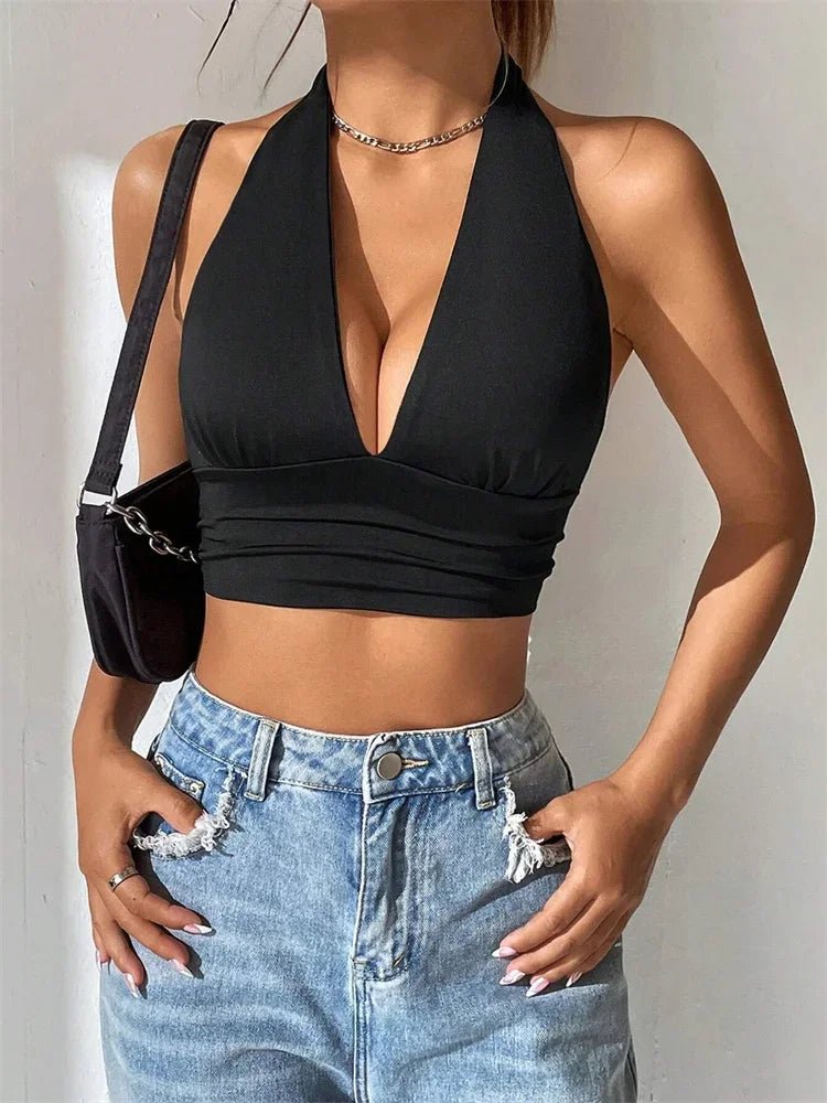 Solid Color Grunge Punk Backless Halter Top Women Summer 2024 Sexy Sleeveless Deep V - neck Crop Tops Streetwear Y2K Clothes - MAGUSTA BEAUTY