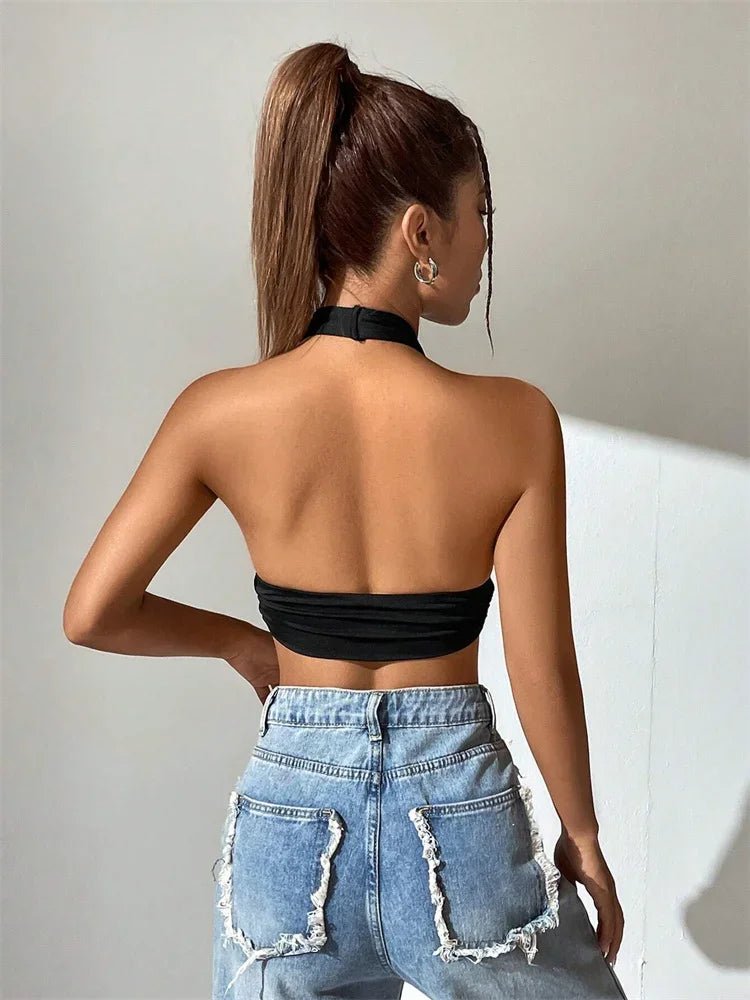 Solid Color Grunge Punk Backless Halter Top Women Summer 2024 Sexy Sleeveless Deep V - neck Crop Tops Streetwear Y2K Clothes - MAGUSTA BEAUTY