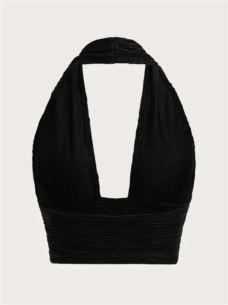 Solid White Backless Crop Halter Top Women Summer Y2K Club Grunge Clothes Deep V - neck Backless Sleeveless Tank Top Streetwear - MAGUSTA BEAUTY