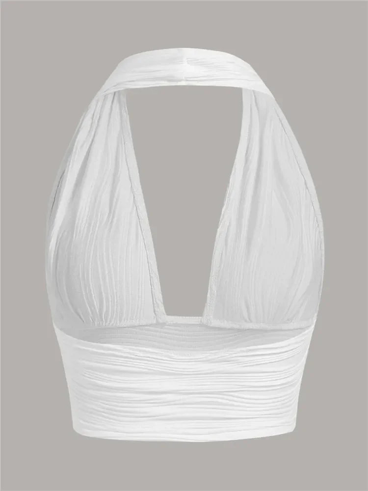 Solid White Backless Crop Halter Top Women Summer Y2K Club Grunge Clothes Deep V - neck Backless Sleeveless Tank Top Streetwear - MAGUSTA BEAUTY