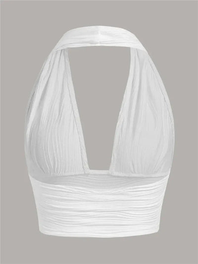 Solid White Backless Crop Halter Top Women Summer Y2K Club Grunge Clothes Deep V - neck Backless Sleeveless Tank Top Streetwear - MAGUSTA BEAUTY