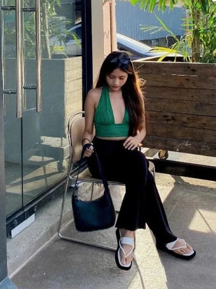Solid White Backless Crop Halter Top Women Summer Y2K Club Grunge Clothes Deep V - neck Backless Sleeveless Tank Top Streetwear - MAGUSTA BEAUTY