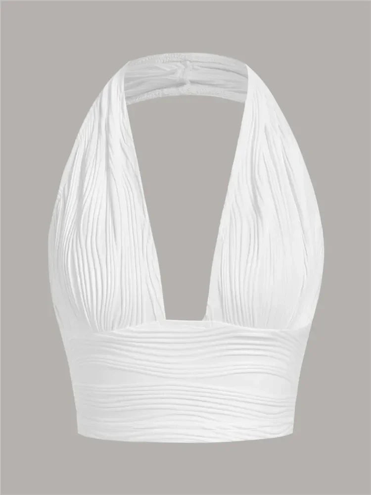 Solid White Backless Crop Halter Top Women Summer Y2K Club Grunge Clothes Deep V - neck Backless Sleeveless Tank Top Streetwear - MAGUSTA BEAUTY