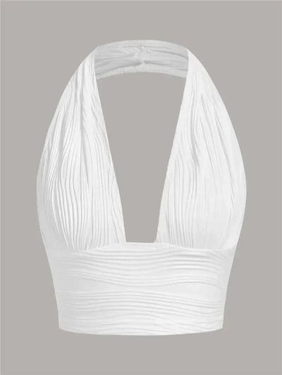 Solid White Backless Crop Halter Top Women Summer Y2K Club Grunge Clothes Deep V - neck Backless Sleeveless Tank Top Streetwear - MAGUSTA BEAUTY