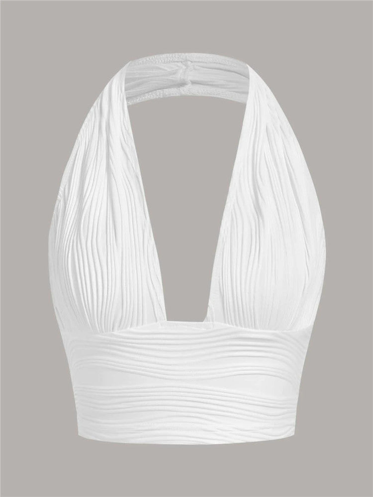 Solid White Backless Crop Halter Top Women Summer Y2K Club Grunge Clothes Deep V - neck Backless Sleeveless Tank Top Streetwear - MAGUSTA BEAUTY