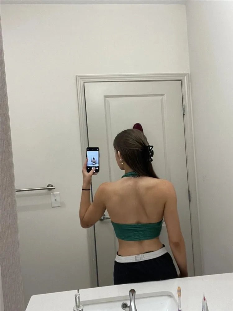 Solid White Backless Crop Halter Top Women Summer Y2K Club Grunge Clothes Deep V - neck Backless Sleeveless Tank Top Streetwear - MAGUSTA BEAUTY