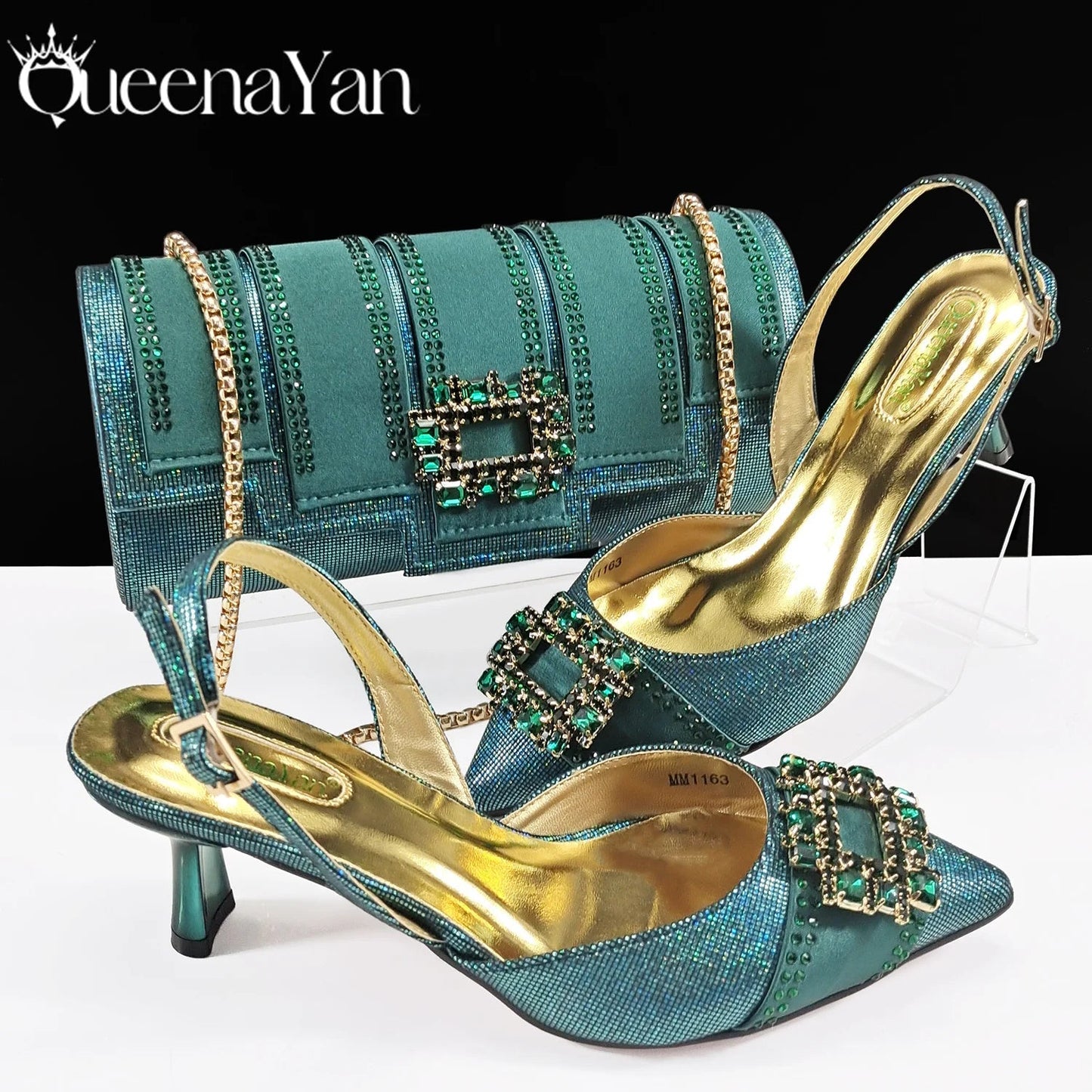 Spot Goods Italian Fashion Women Heels Elegant Color Block Design Brown Shoes And Bag Full Rhinestone Party Bag - MAGUSTA BEAUTY