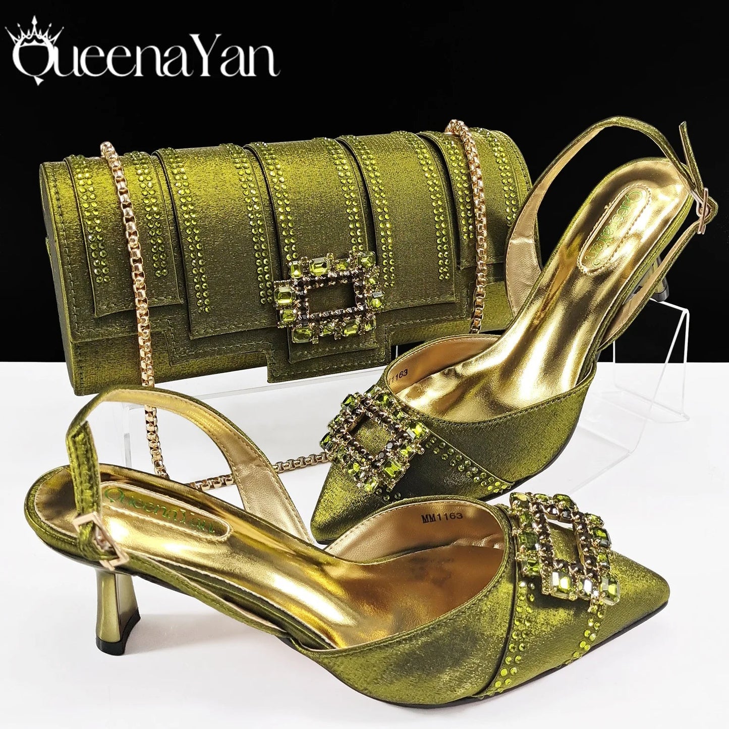 Spot Goods Italian Fashion Women Heels Elegant Color Block Design Brown Shoes And Bag Full Rhinestone Party Bag - MAGUSTA BEAUTY
