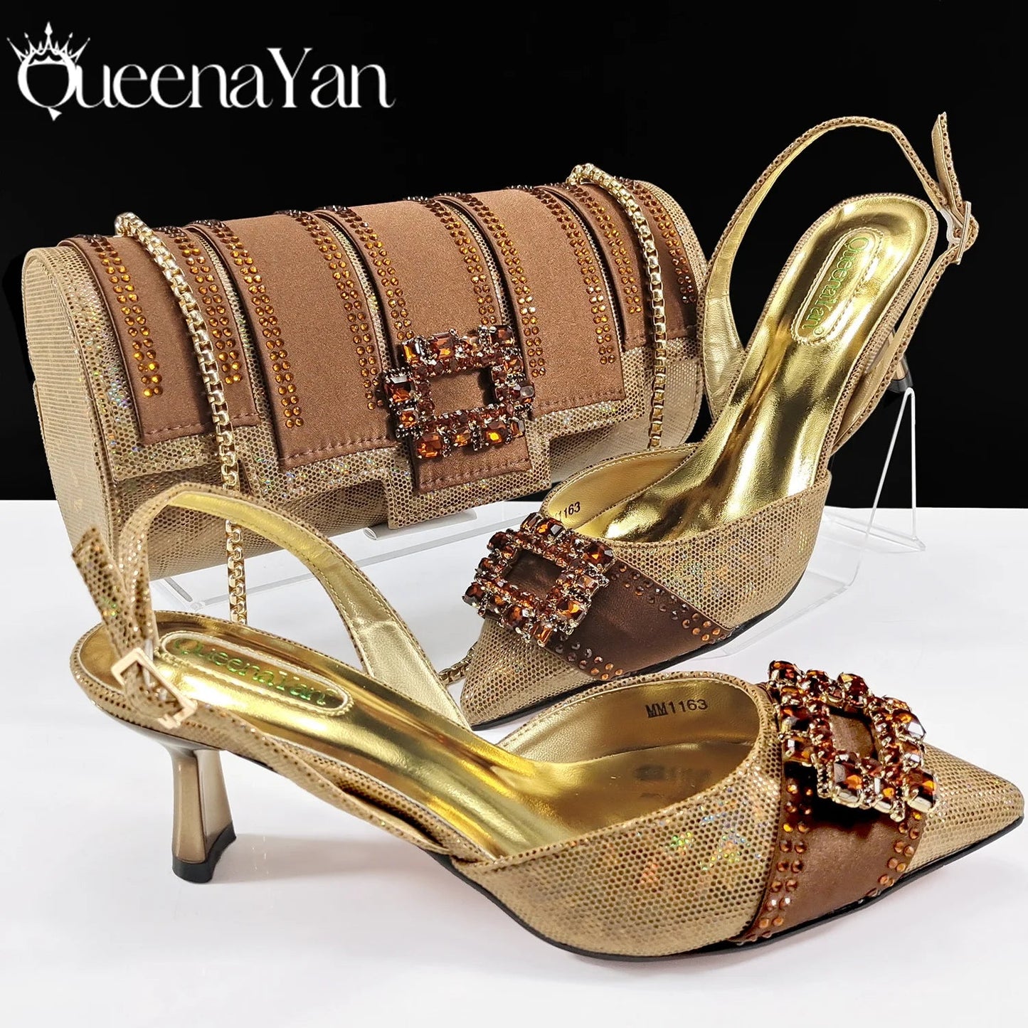 Spot Goods Italian Fashion Women Heels Elegant Color Block Design Brown Shoes And Bag Full Rhinestone Party Bag - MAGUSTA BEAUTY