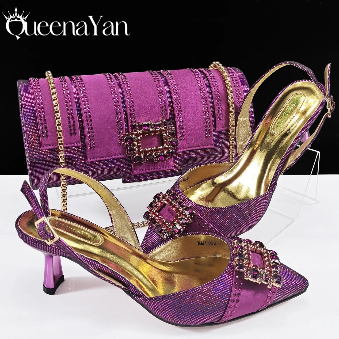 Spot Goods Italian Fashion Women Heels Elegant Color Block Design Brown Shoes And Bag Full Rhinestone Party Bag - MAGUSTA BEAUTY