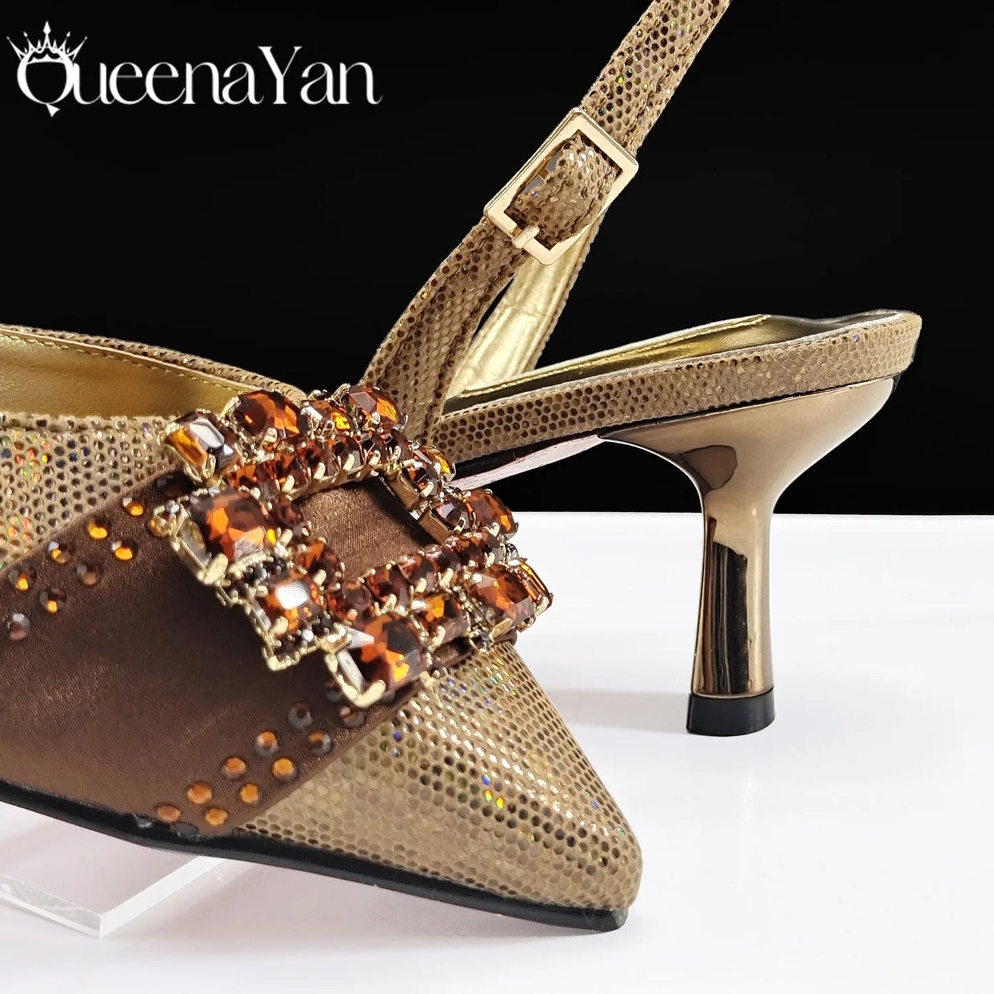 Spot Goods Italian Fashion Women Heels Elegant Color Block Design Brown Shoes And Bag Full Rhinestone Party Bag - MAGUSTA BEAUTY