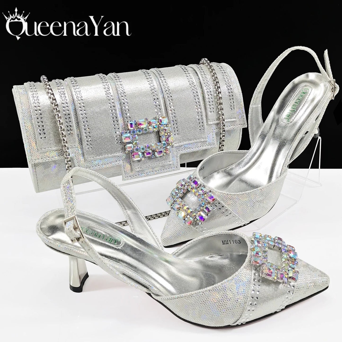 Spot Goods Italian Fashion Women Heels Elegant Color Block Design Brown Shoes And Bag Full Rhinestone Party Bag - MAGUSTA BEAUTY